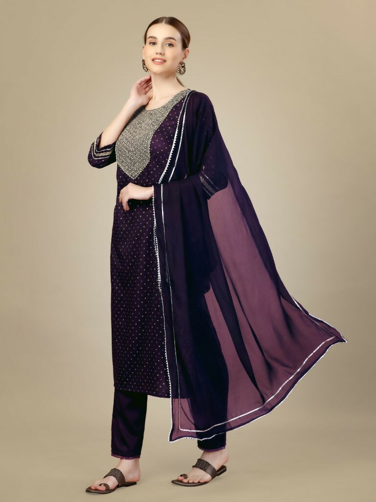 Women's Purple Silk Blend Embroidered Straight Kurta Set