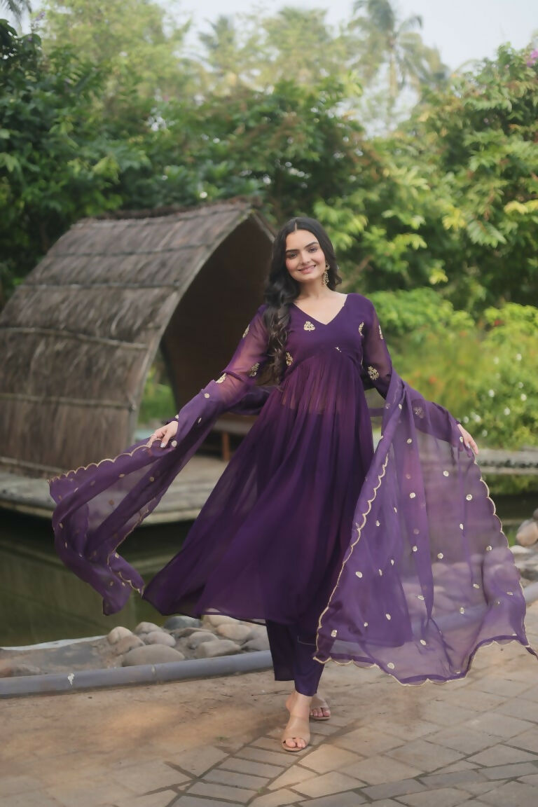 Women's Wine Faux Blooming A-Line Embroidered Kurta Set with Dupatta