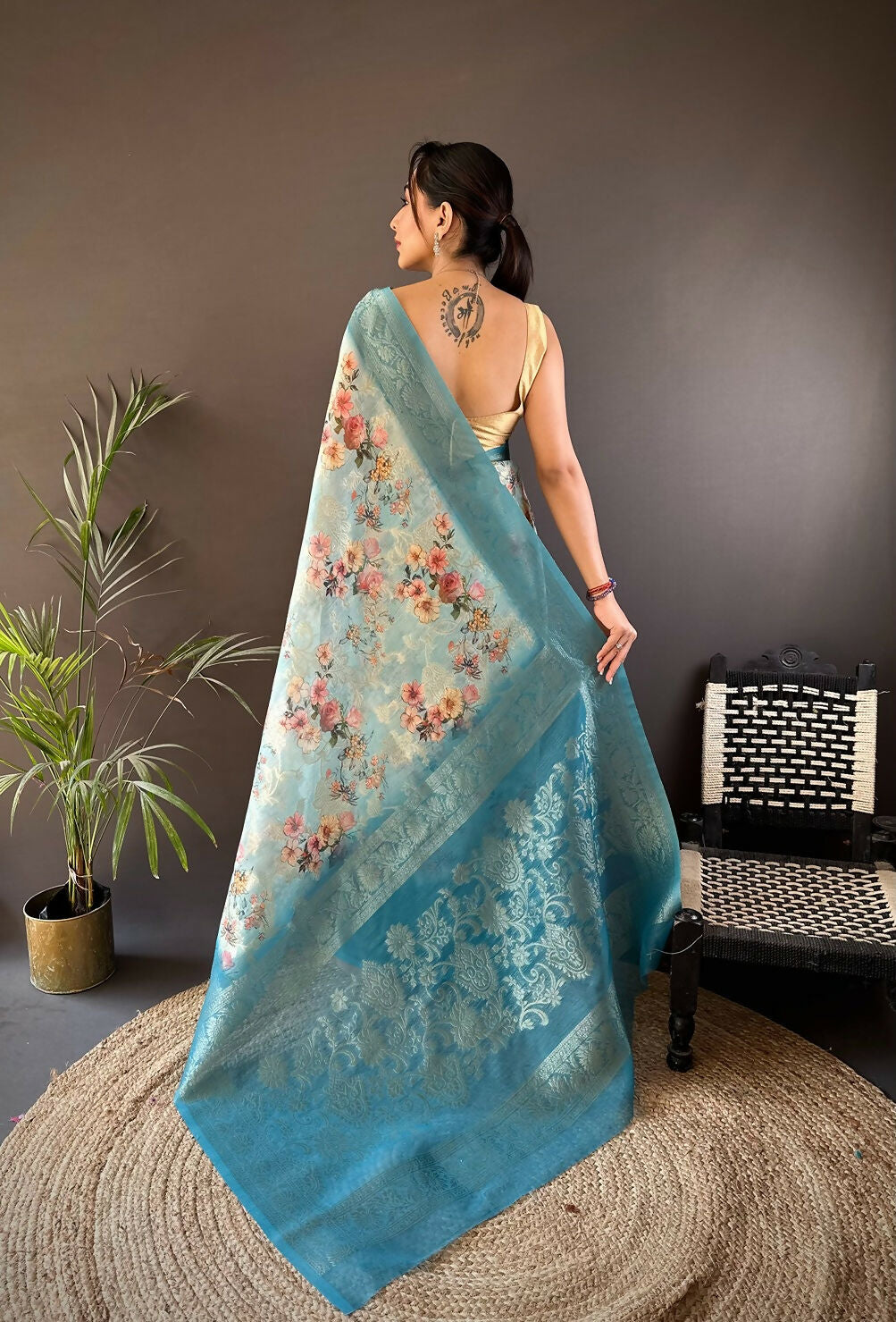 Sky Blue Floral Motifs Soft Silk Banarasi Saree for Women