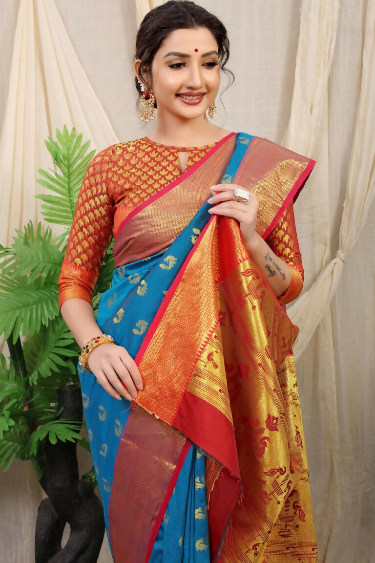 Firozi Banarasi Silk Zari Woven Saree with Contrast Red Blouse