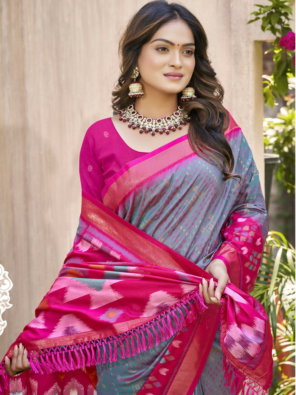 Pochampalli Silk Saree in Grey with Purple Blouse