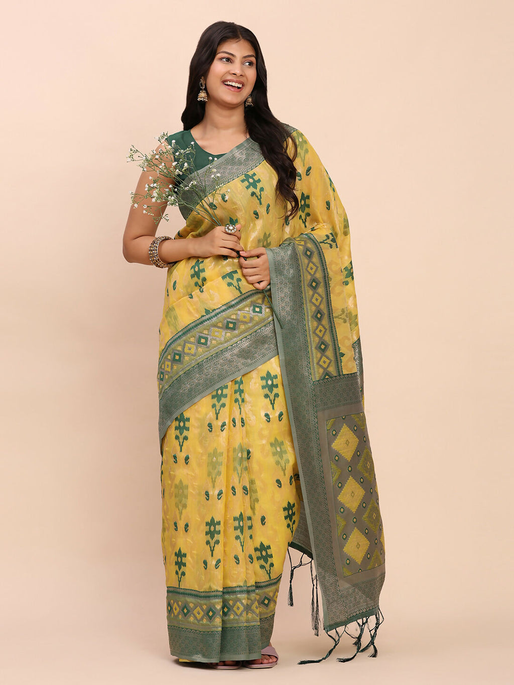 Yellow Linen Cotton Saree with Contrast Green Blouse