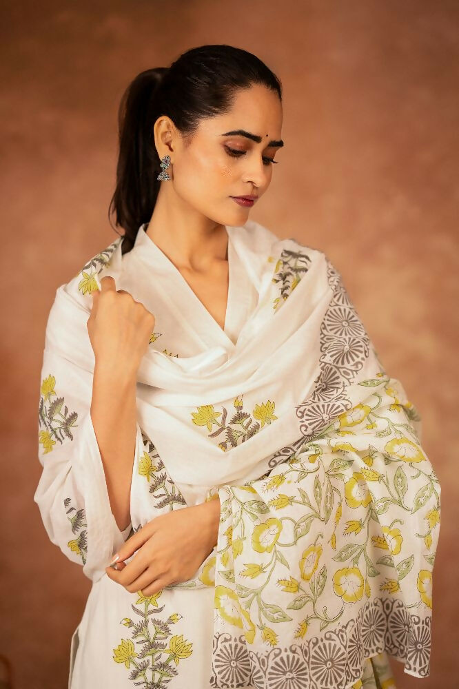 Off White and Yellow Hand Block Printed Cotton Suit Set
