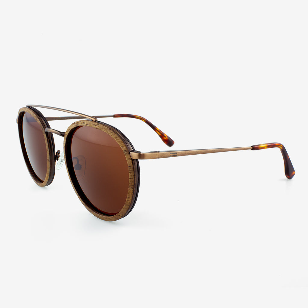Ponce Burl Wood and Metal Curved Brow Sunglasses - Gold