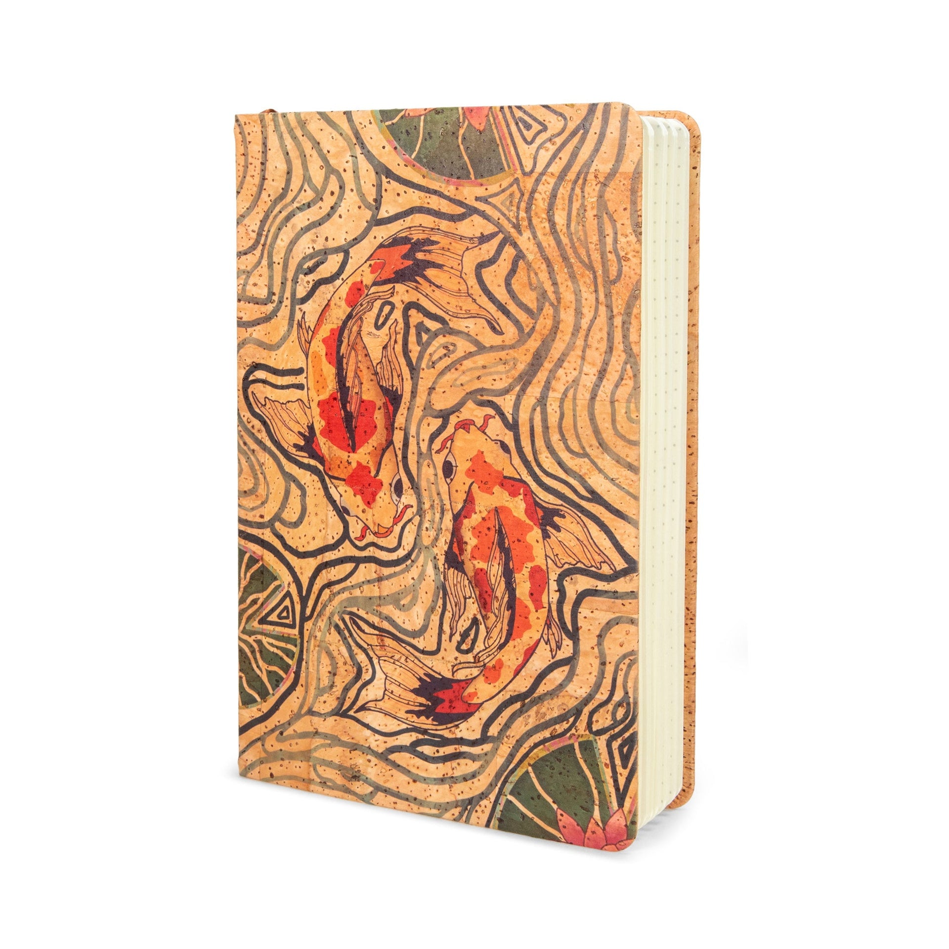 Pond of Harmony A5 cork journal with koi fish and lily pad pattern on a natural tan background.
