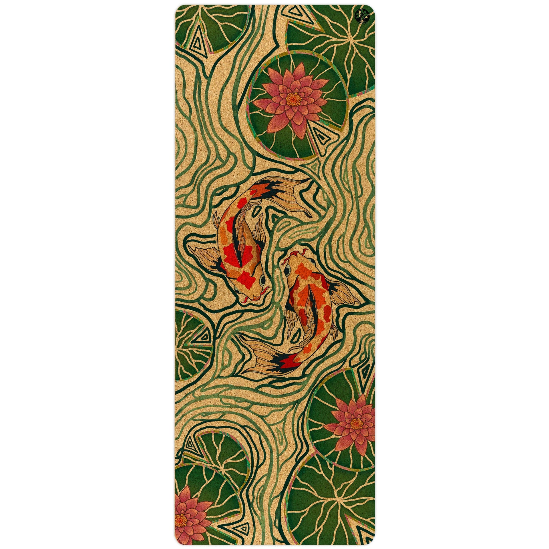 Pond of Harmony abstract pattern cork yoga mat in brown, green, and orange tones