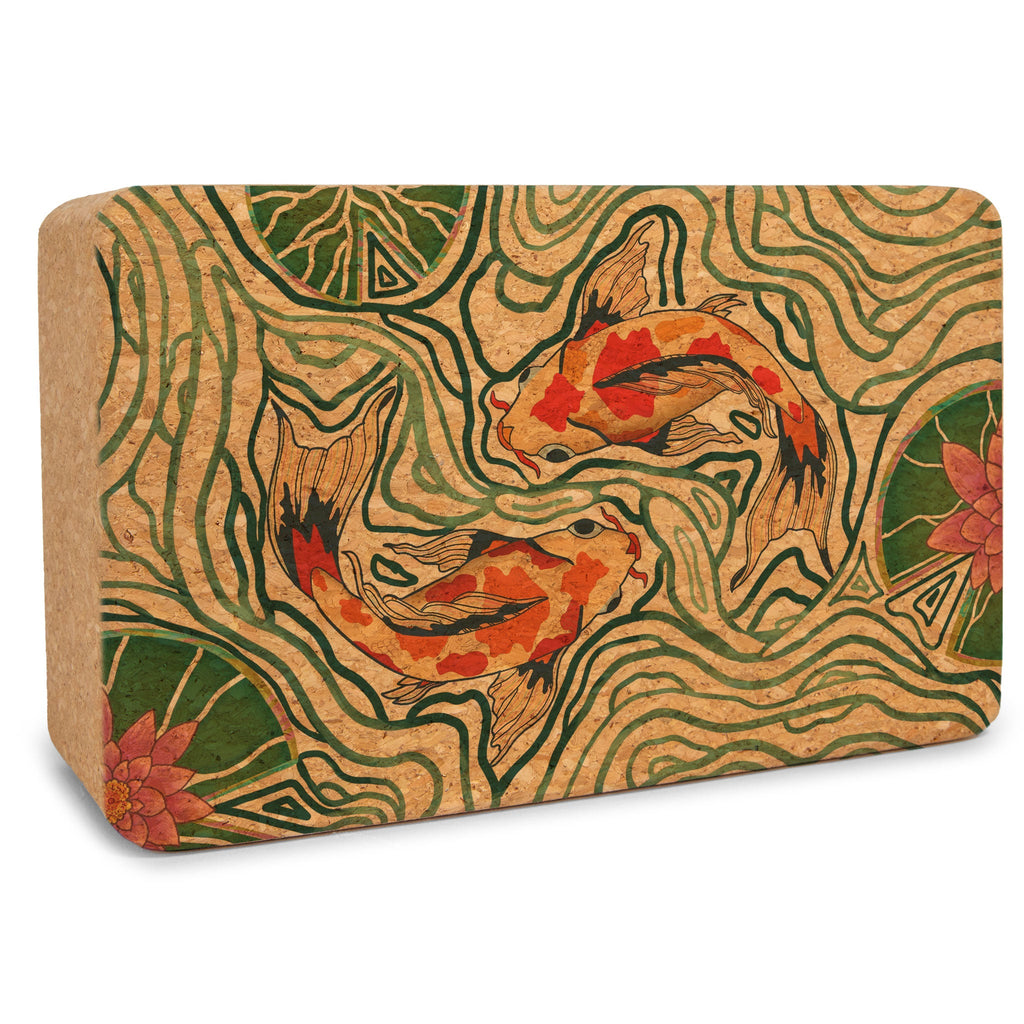 Pond of Harmony cork yoga block with koi fish and water lily print in natural earth-tone colors.