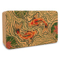 Pond of Harmony cork yoga block with koi fish and water lily print in natural earth-tone colors.
