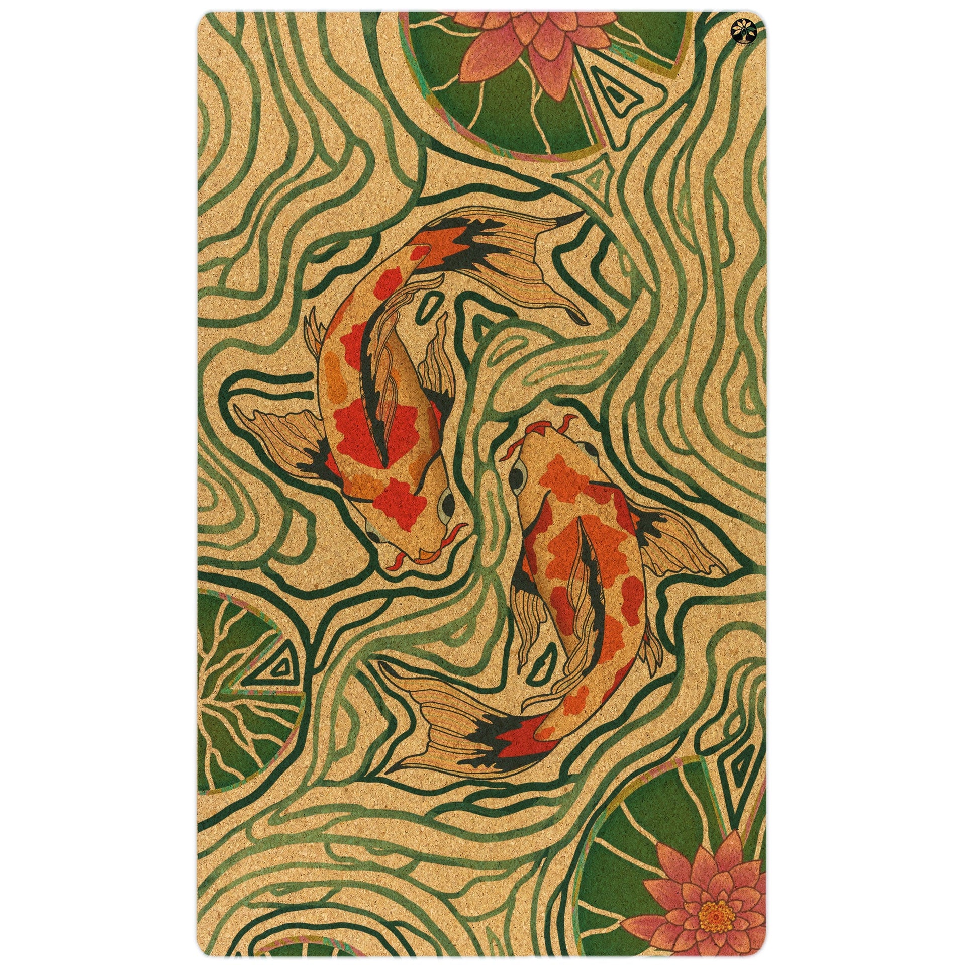 Extra-large bohemian abstract print cork yoga mat in cork-tan and forest-green