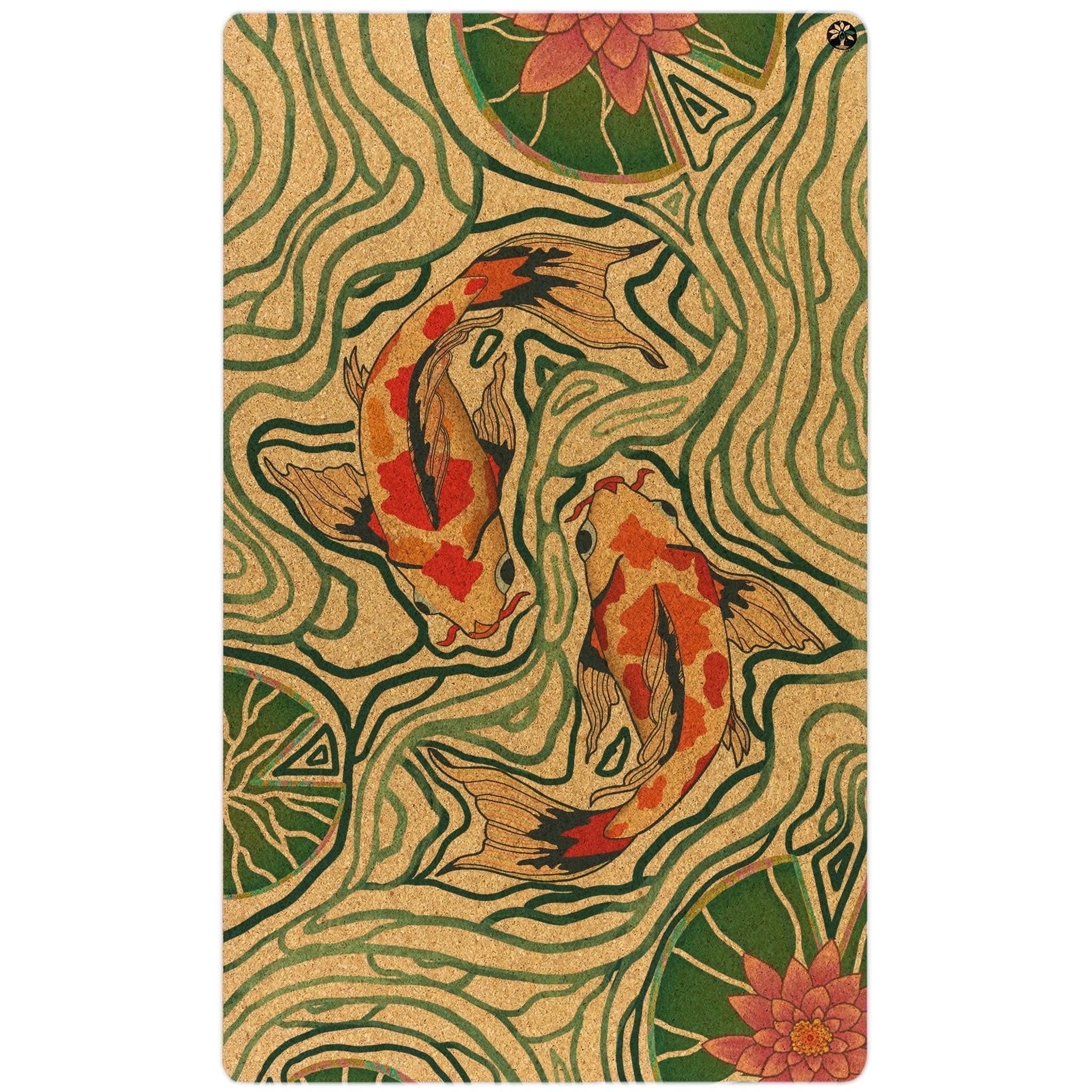 Extra-large bohemian abstract print cork yoga mat in cork-tan and forest-green
