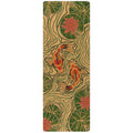 Unity Pro cork yoga mat with tan surface and vibrant orange and green koi fish and lotus flower abstract print.