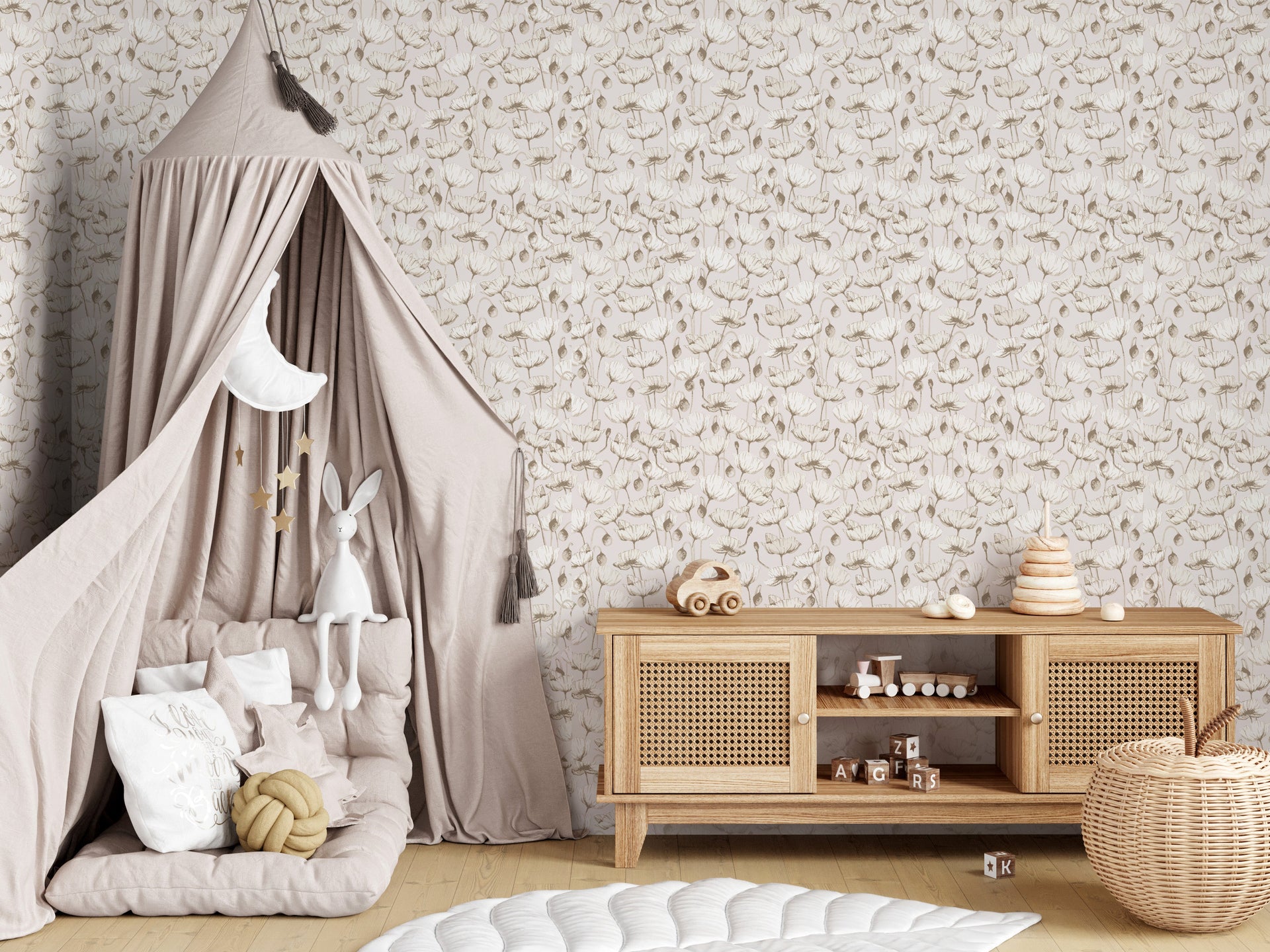 Aurora Floral Sage-Green White Blue and Tan Removable Wallpaper