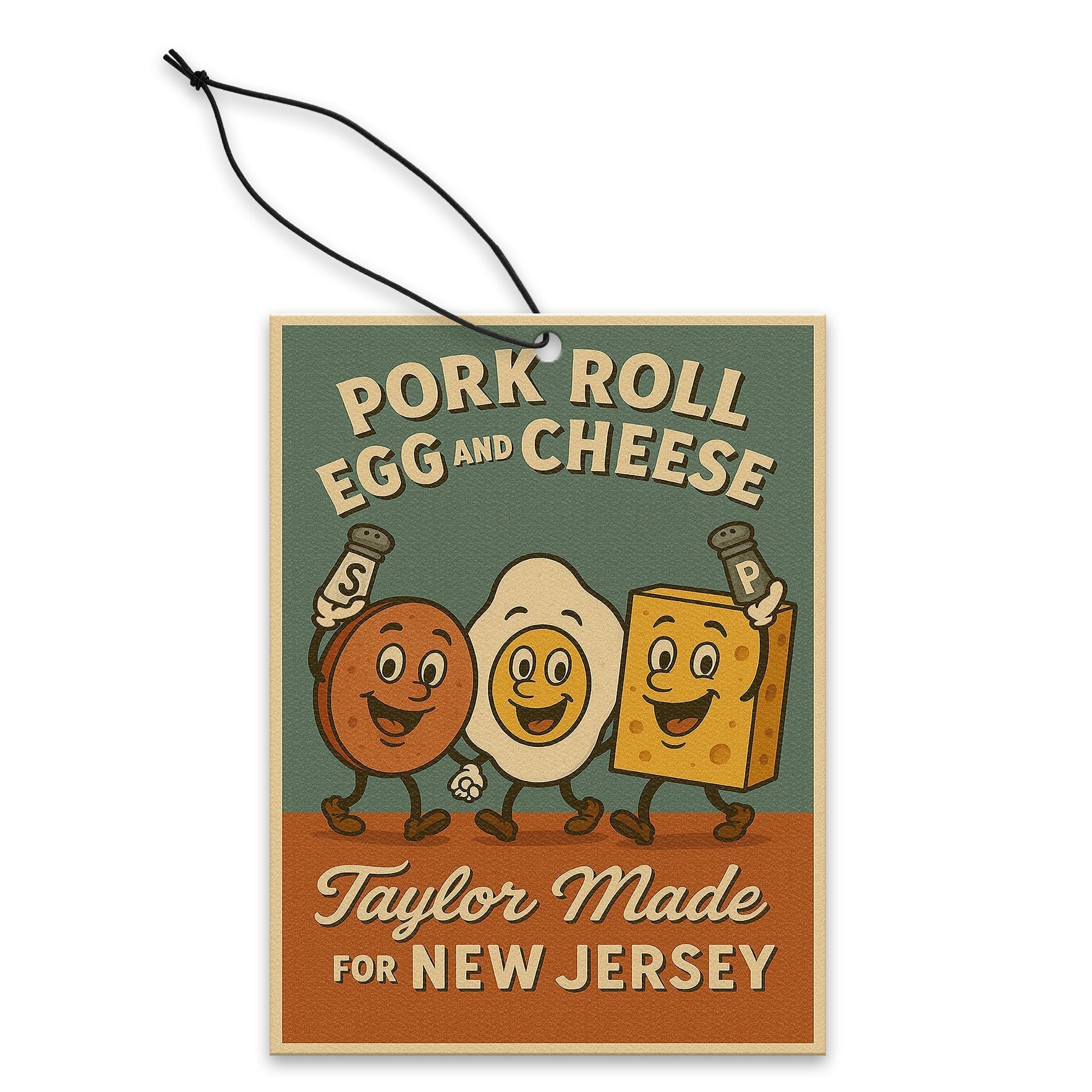 Pork Roll Egg and Cheese themed air freshener hanging in a car