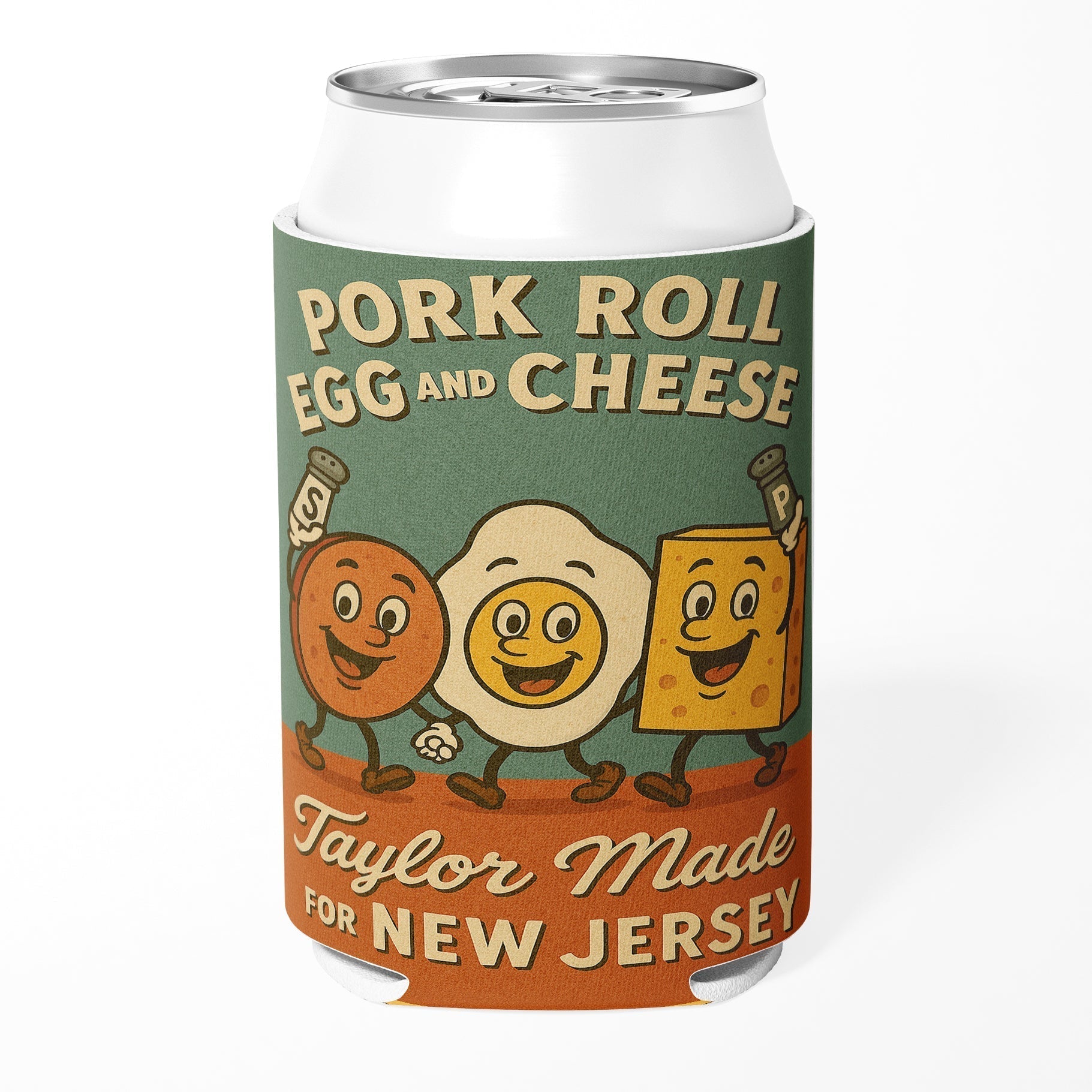 Pork Roll Egg and Cheese Taylor Made themed can cooler for beverage insulation
