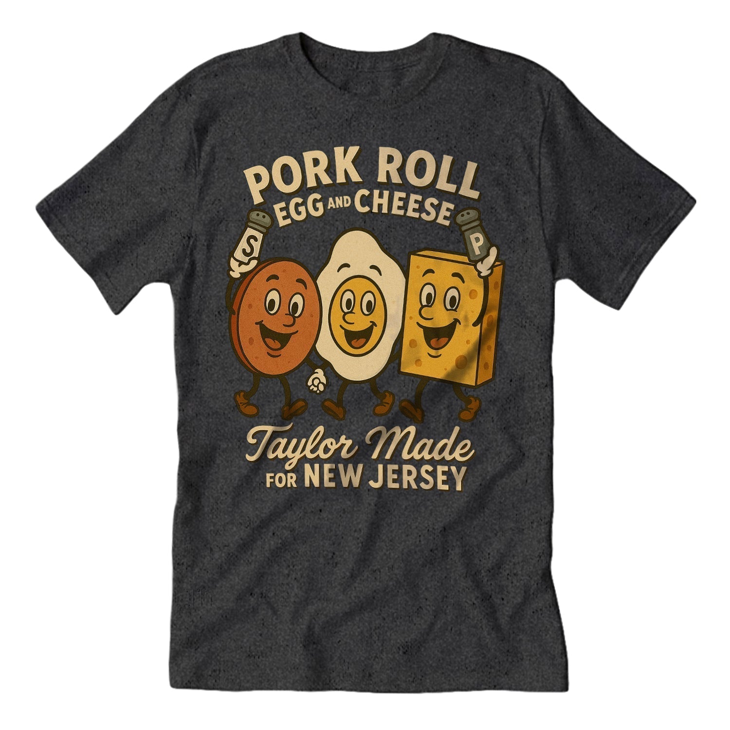 Close up of a Pork Roll Egg and Cheese graphic t-shirt in a comfortable, relaxed fit.