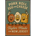 Vintage style 11x17 poster print featuring a Pork Roll, Egg, and Cheese graphic in green, orange, and black.