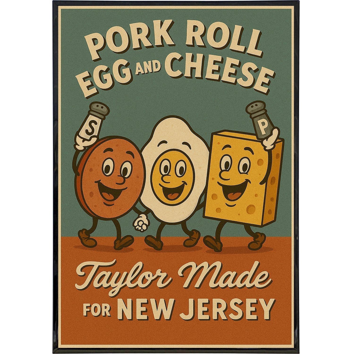 Vintage style 11x17 poster print featuring a Pork Roll, Egg, and Cheese graphic in green, orange, and black.