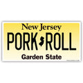 Pork Roll license plate sticker with yellow gradient background and black typography on a white surface.