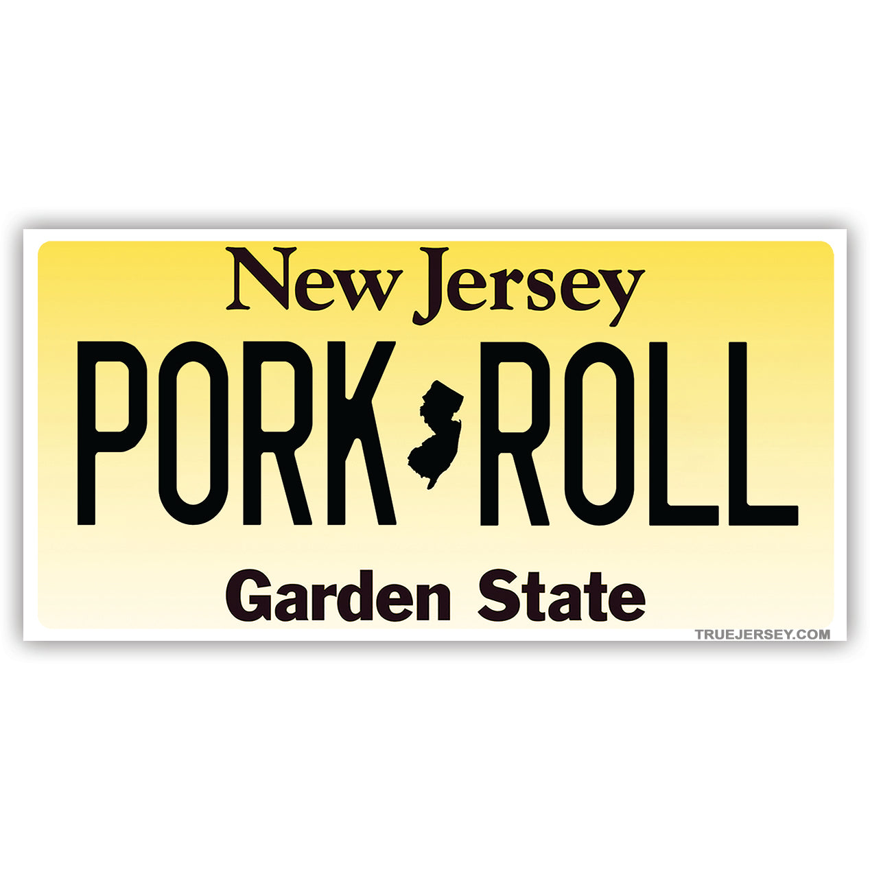 Pork Roll license plate sticker with yellow gradient background and black typography on a white surface.