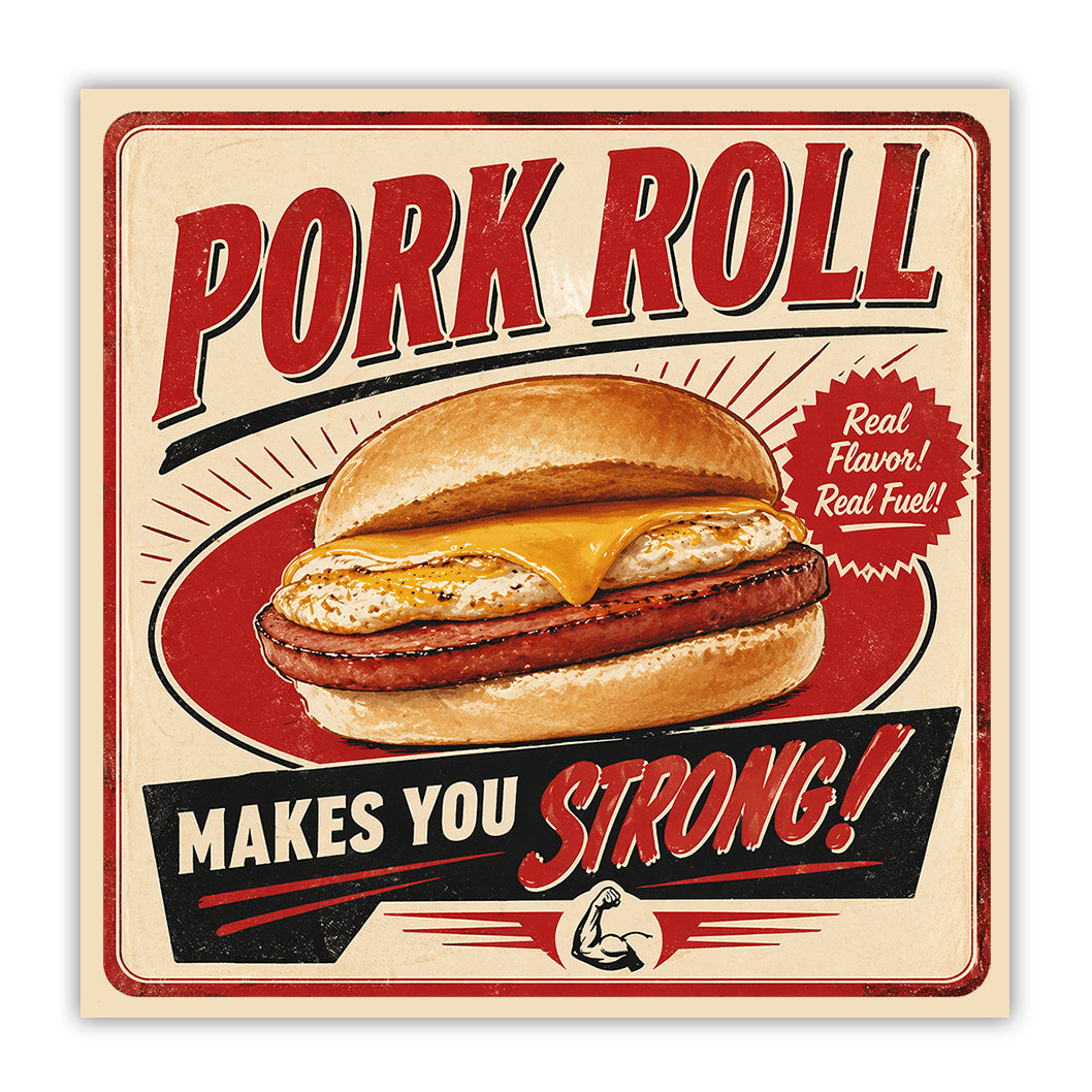Retro New Jersey Pork Roll decal in red, cream, brown, and yellow