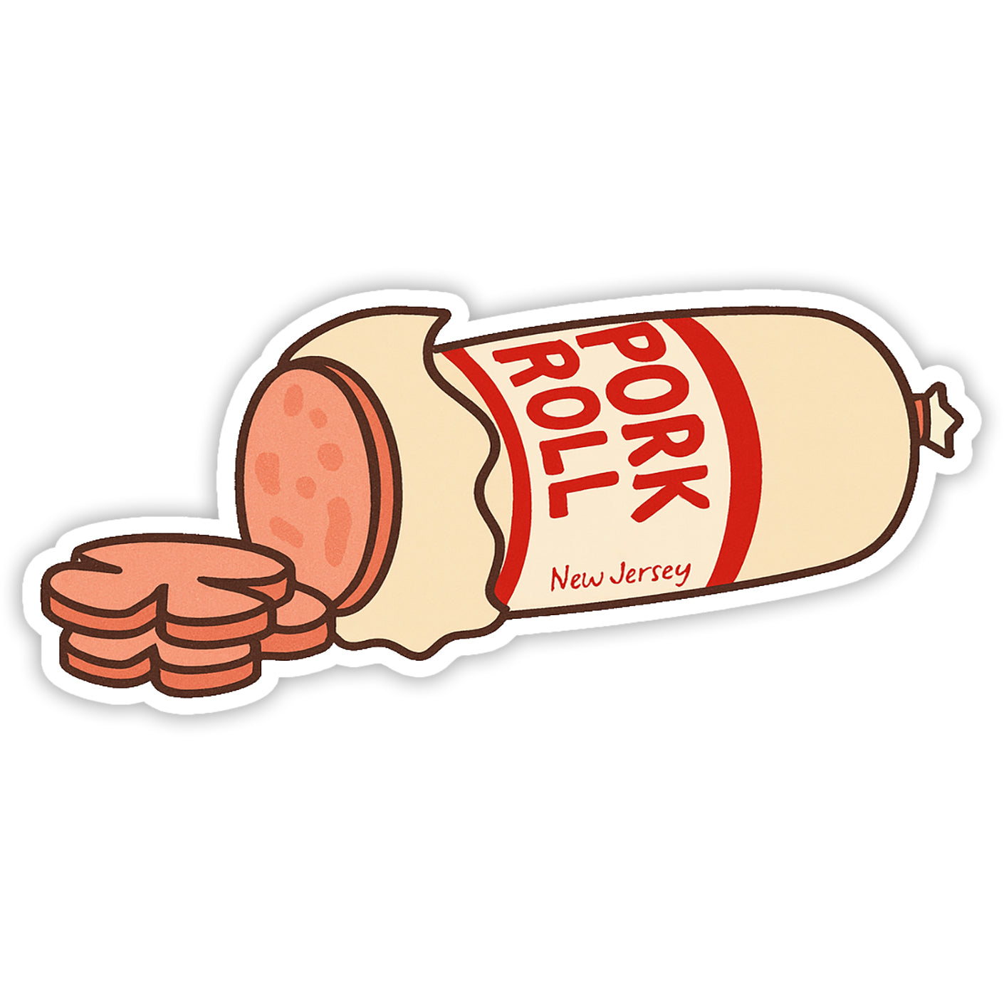 Quirky Pork Roll by the Roll sticker in beige, red, and peach colors.