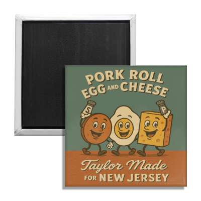 Square metal refrigerator magnet featuring retro Pork Roll Egg and Cheese text in sage green, terracotta, and cream.
