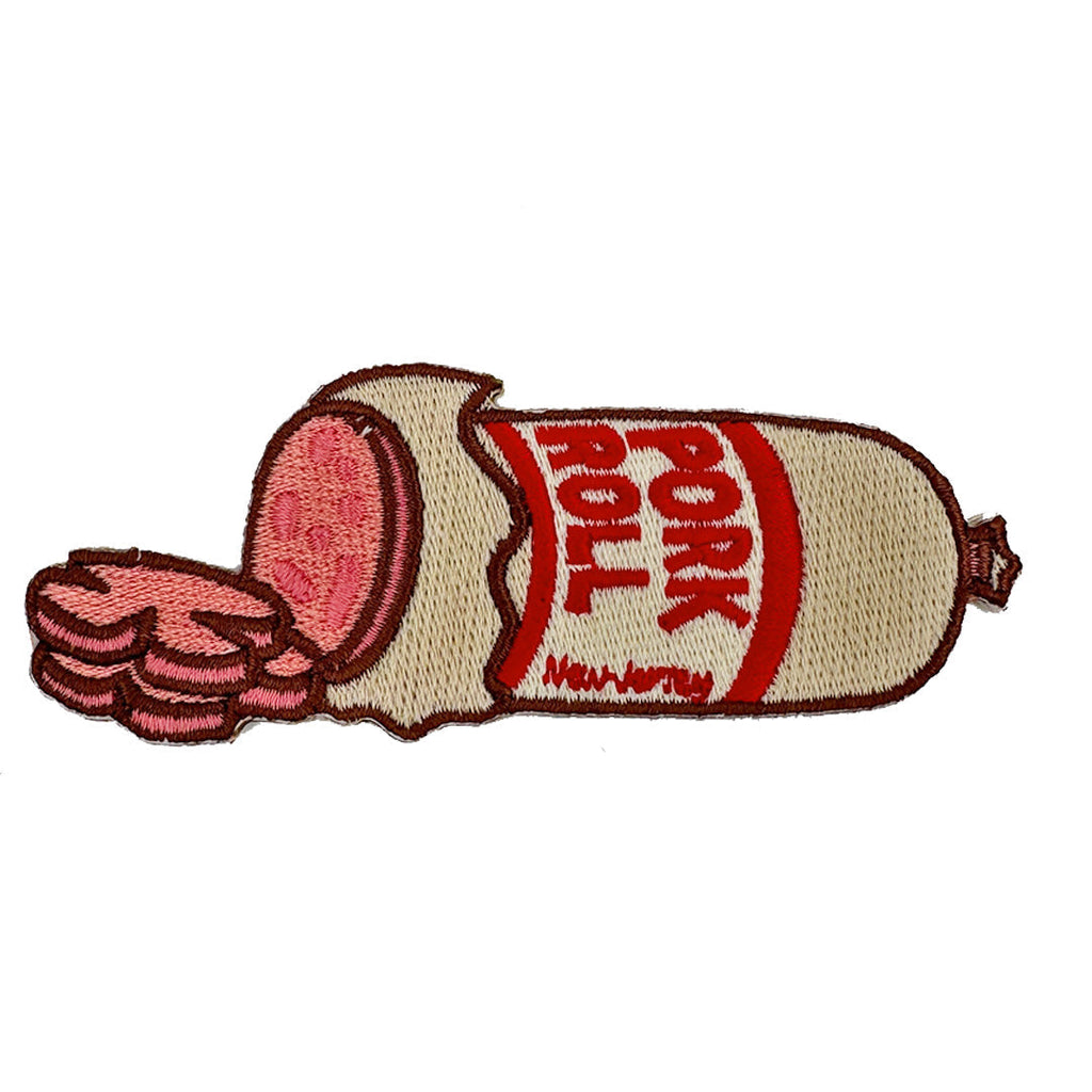 Embroidered pork roll breakfast log patch with peeled burlap casing and sliced meat design