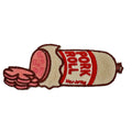 Embroidered pork roll breakfast log patch with peeled burlap casing and sliced meat design