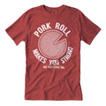 Vintage heather red Pork Roll Makes You Strong graphic t-shirt centered on a flat surface