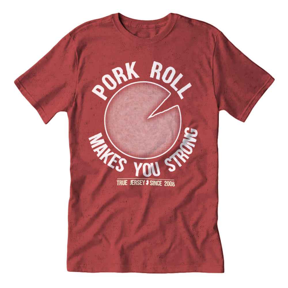 Vintage heather red Pork Roll Makes You Strong graphic t-shirt centered on a flat surface