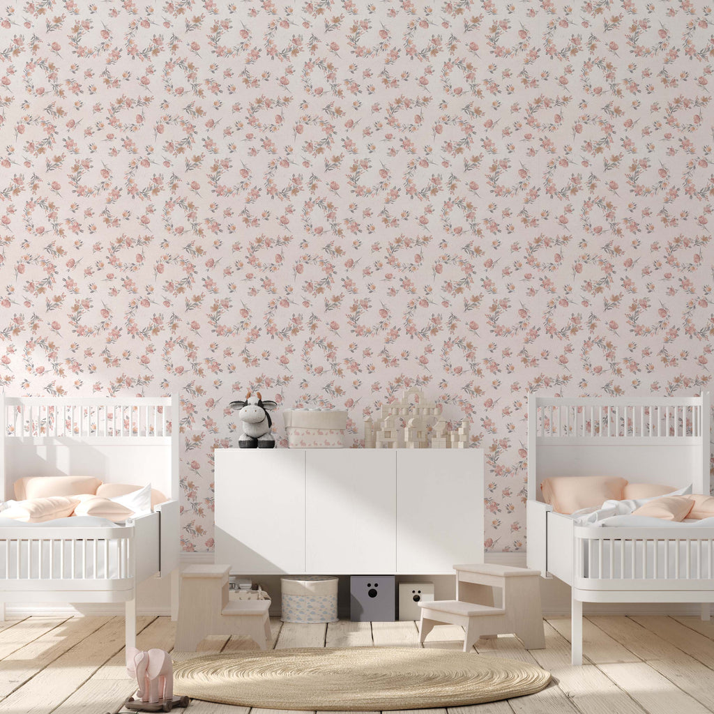 Portia Floral Cottagecore Wallpaper - Pink, Cream & Muted-Green