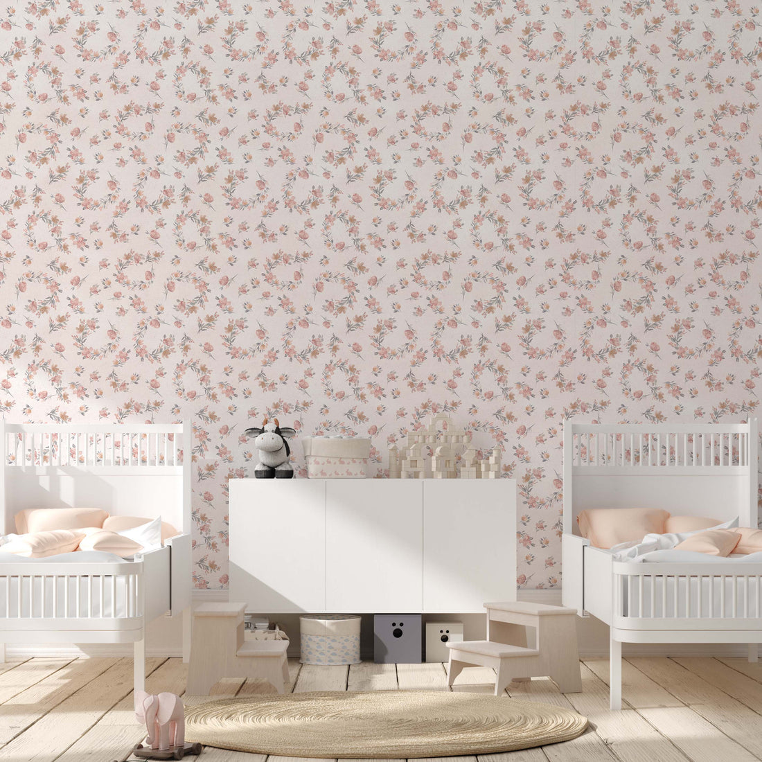 Portia Floral Cottagecore Wallpaper - Pink, Cream & Muted-Green