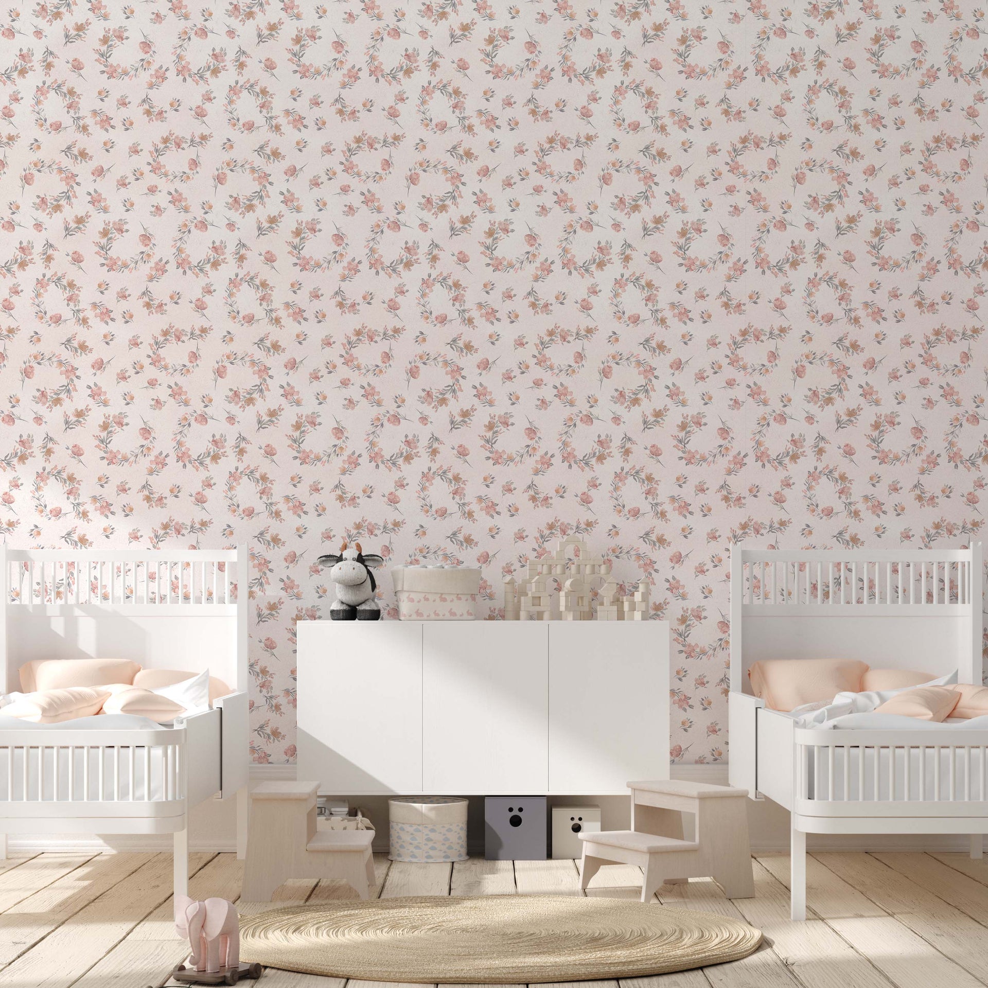 Portia Floral Cottagecore Wallpaper - Pink, Cream & Muted-Green