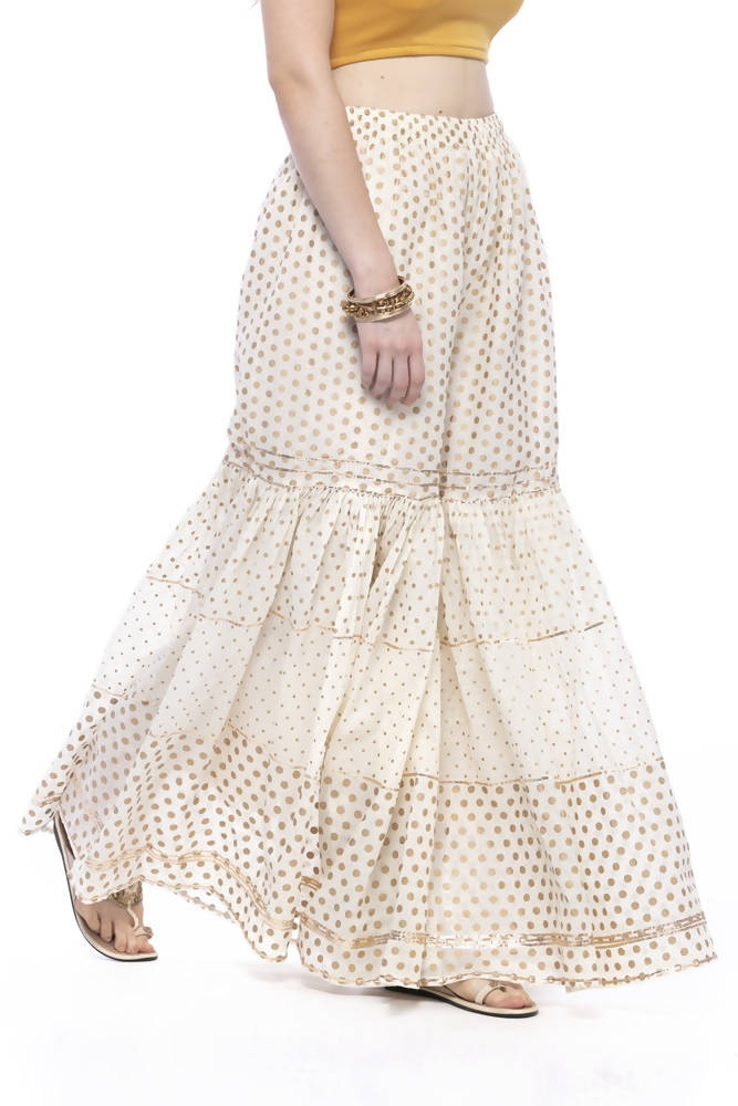 Off White Cotton Sharara Pants with Gold Print and Gota Detail