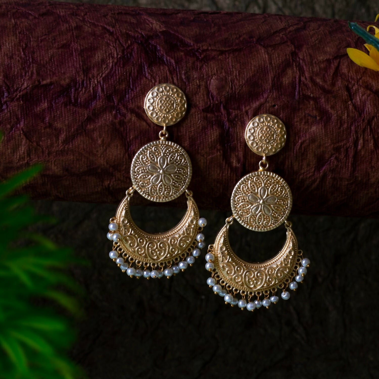Matte Gold Brass Statement Earrings with Intricate Handcrafted Detail