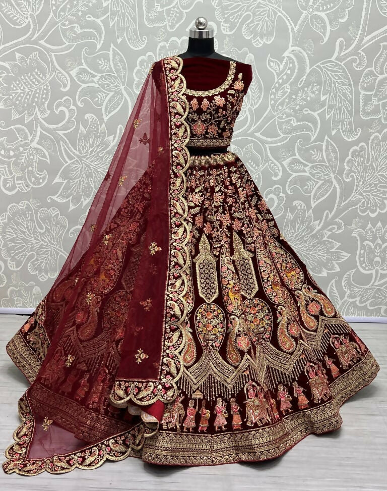 Maroon Velvet wedding lehenga choli with zircon diamond embroidery and cancan