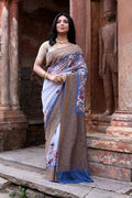Dusty blue crepe chiffon handloom Banarasi silk saree with premium drape