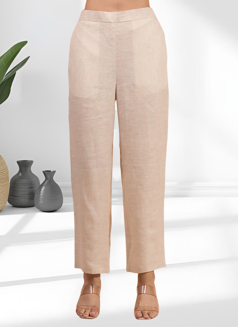 Beige Linen Embroidered Cord Set with V-Neck