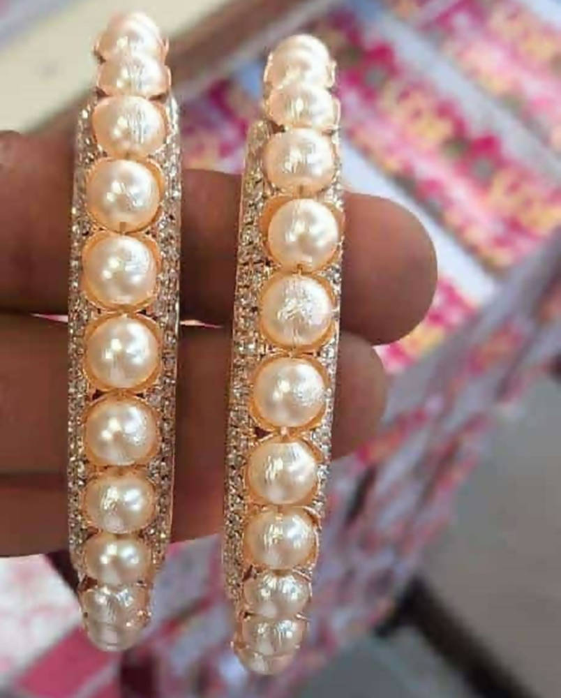 Gold-Polished American Diamond & Pearl Bangle Set for Women