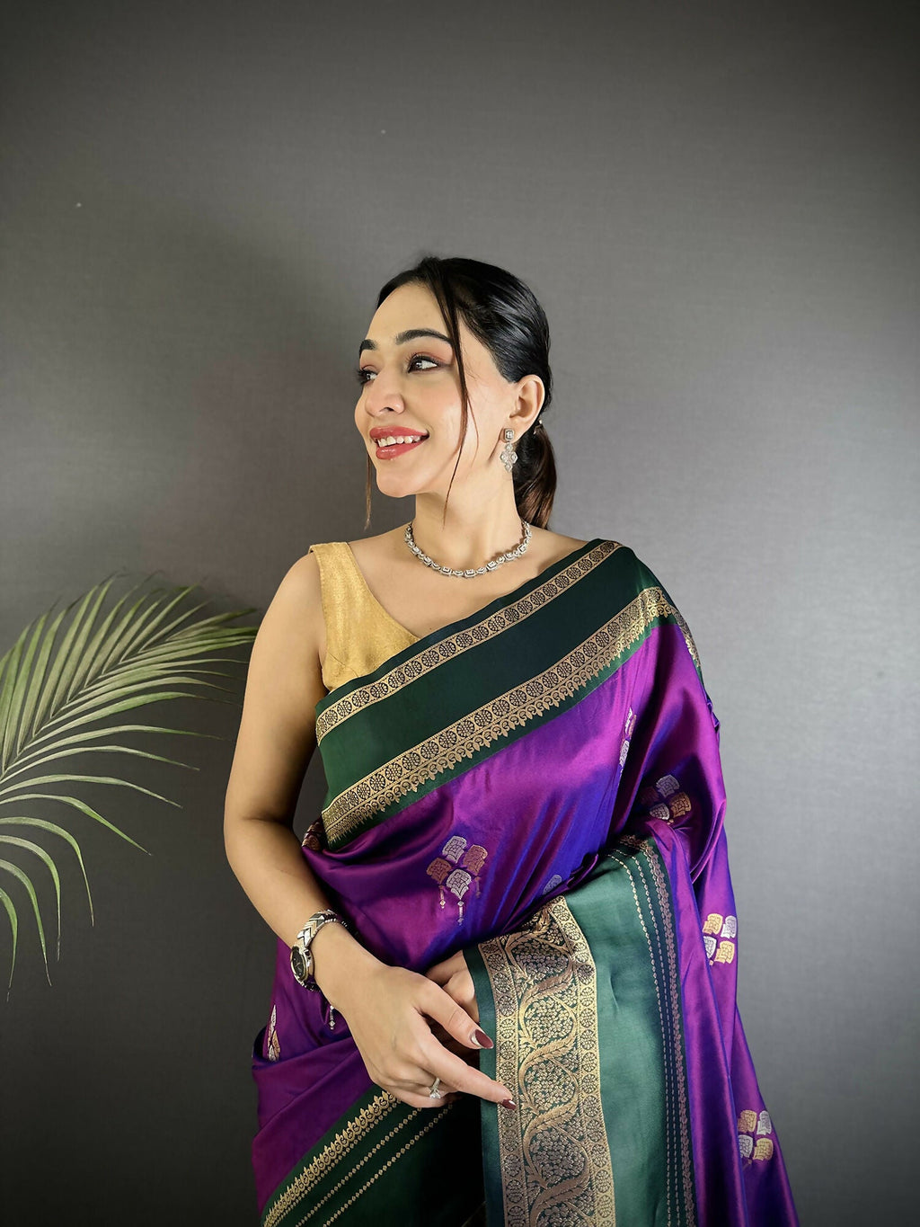 Purple Banarasi Soft Silk Woven Saree with Matching Blouse