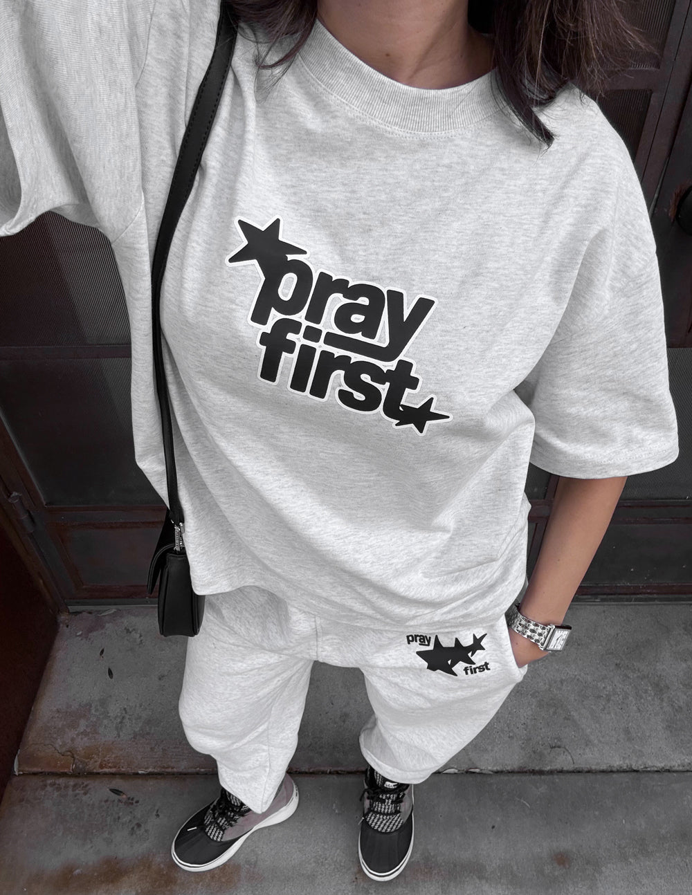 Pray First Heavyweight Cotton Tee in a structured boxy fit, front view