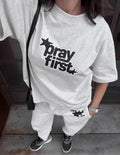 Pray First Heavyweight Cotton Tee in a structured boxy fit, front view