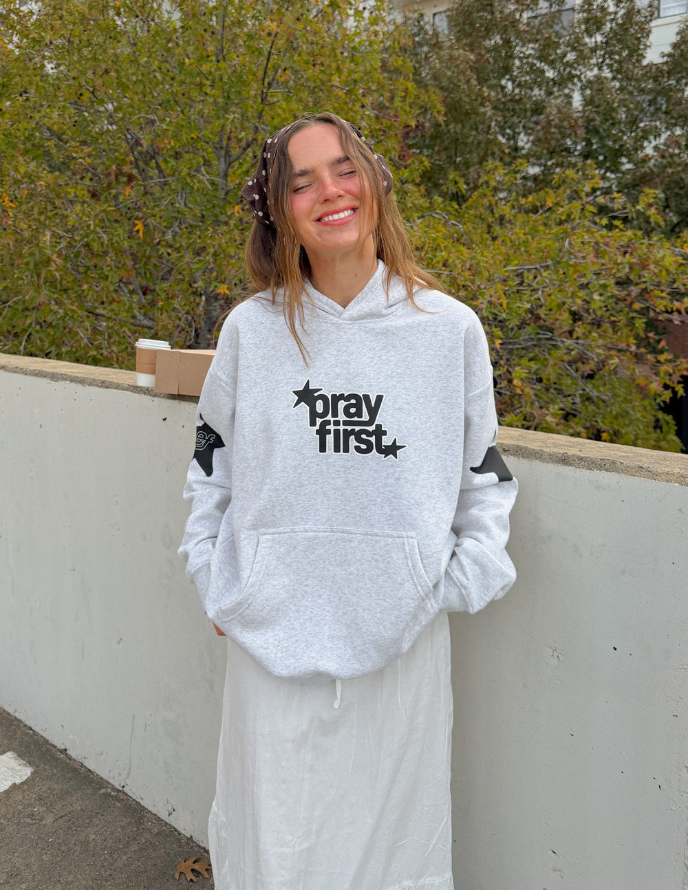 Pray First Unisex Hoodie - Grey & Black Streetwear Pullover