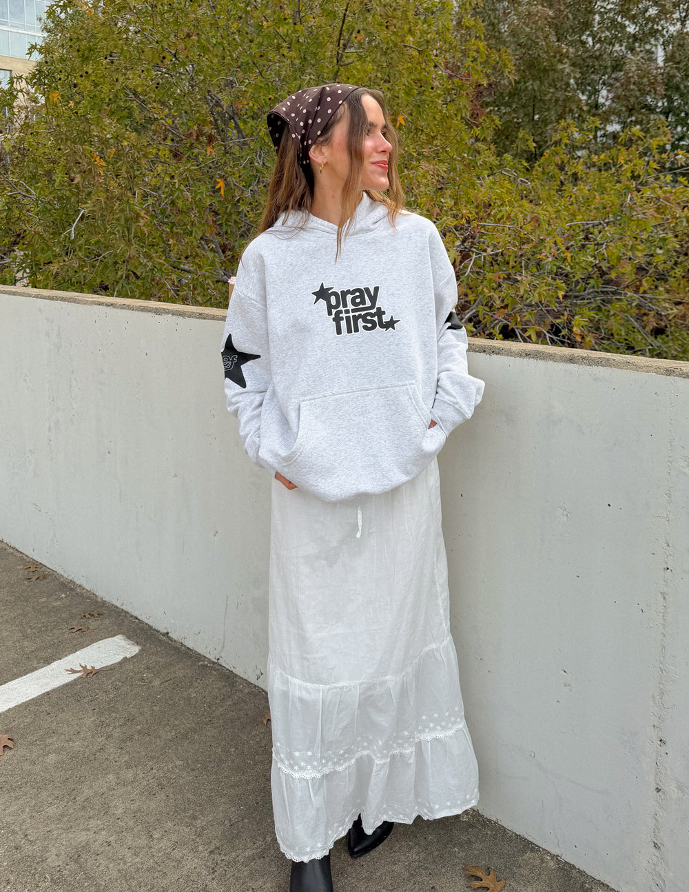 Pray First Unisex Hoodie - Grey & Black Streetwear Pullover