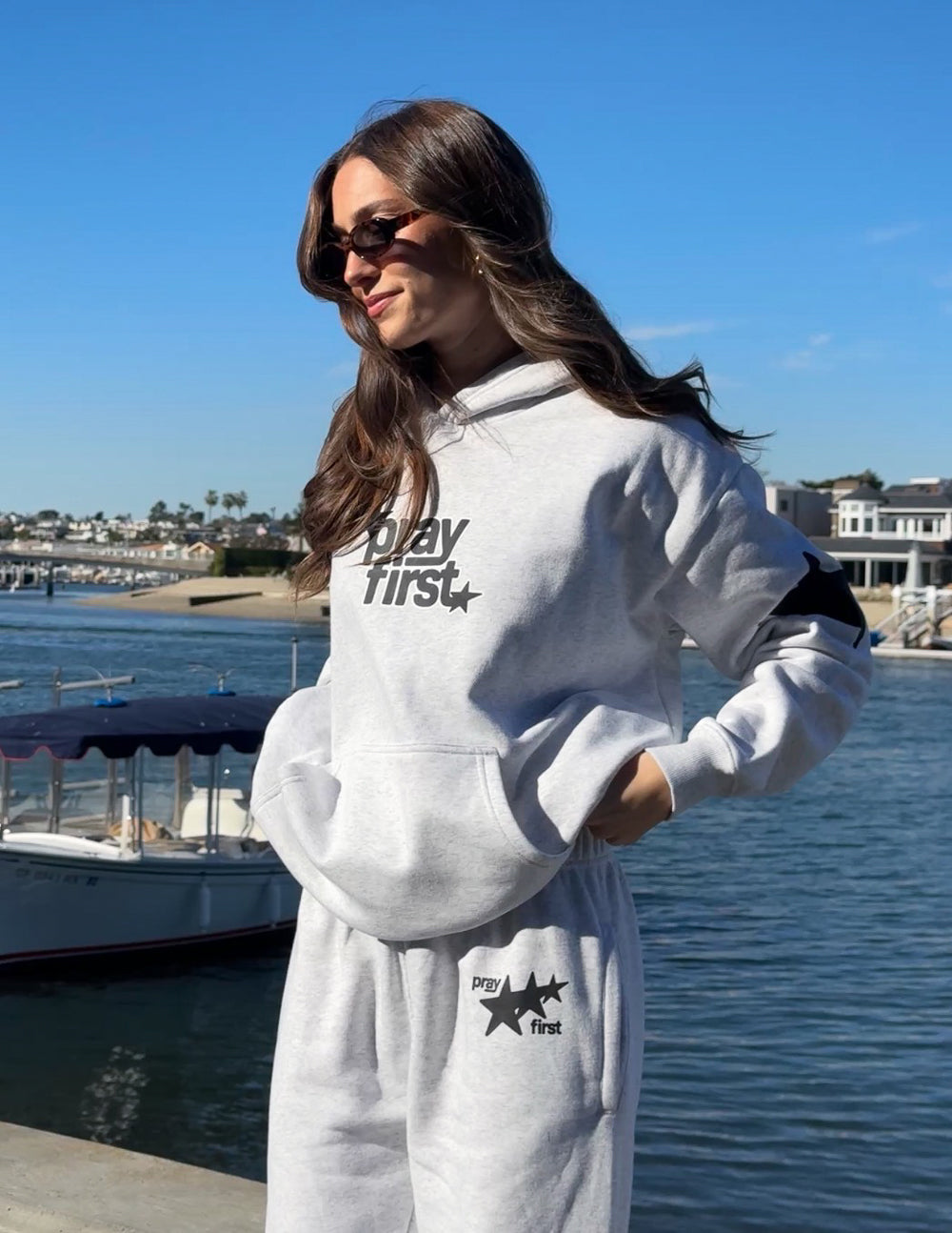 Pray First Unisex Hoodie - Grey & Black Streetwear Pullover