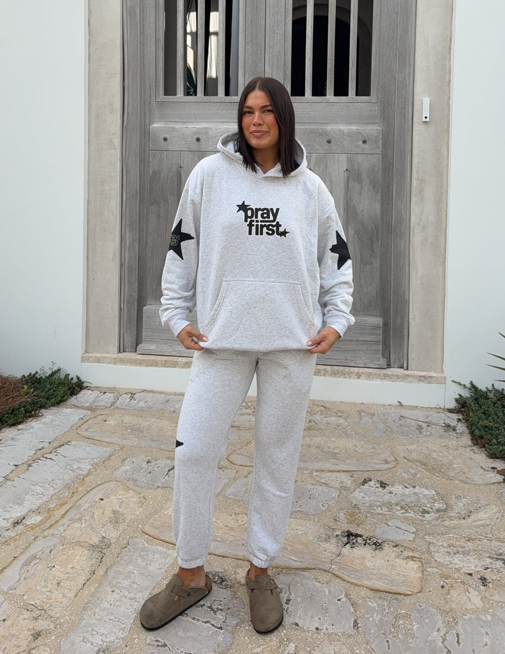 Pray First Unisex Hoodie - Grey & Black Streetwear Pullover