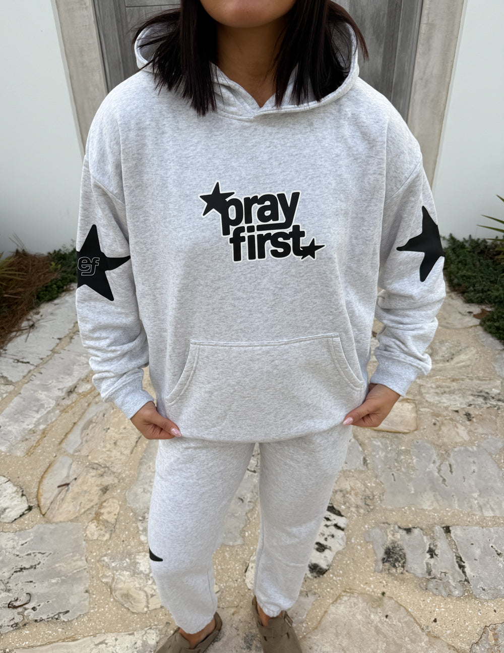 Pray First Unisex Hoodie - Grey & Black Streetwear Pullover