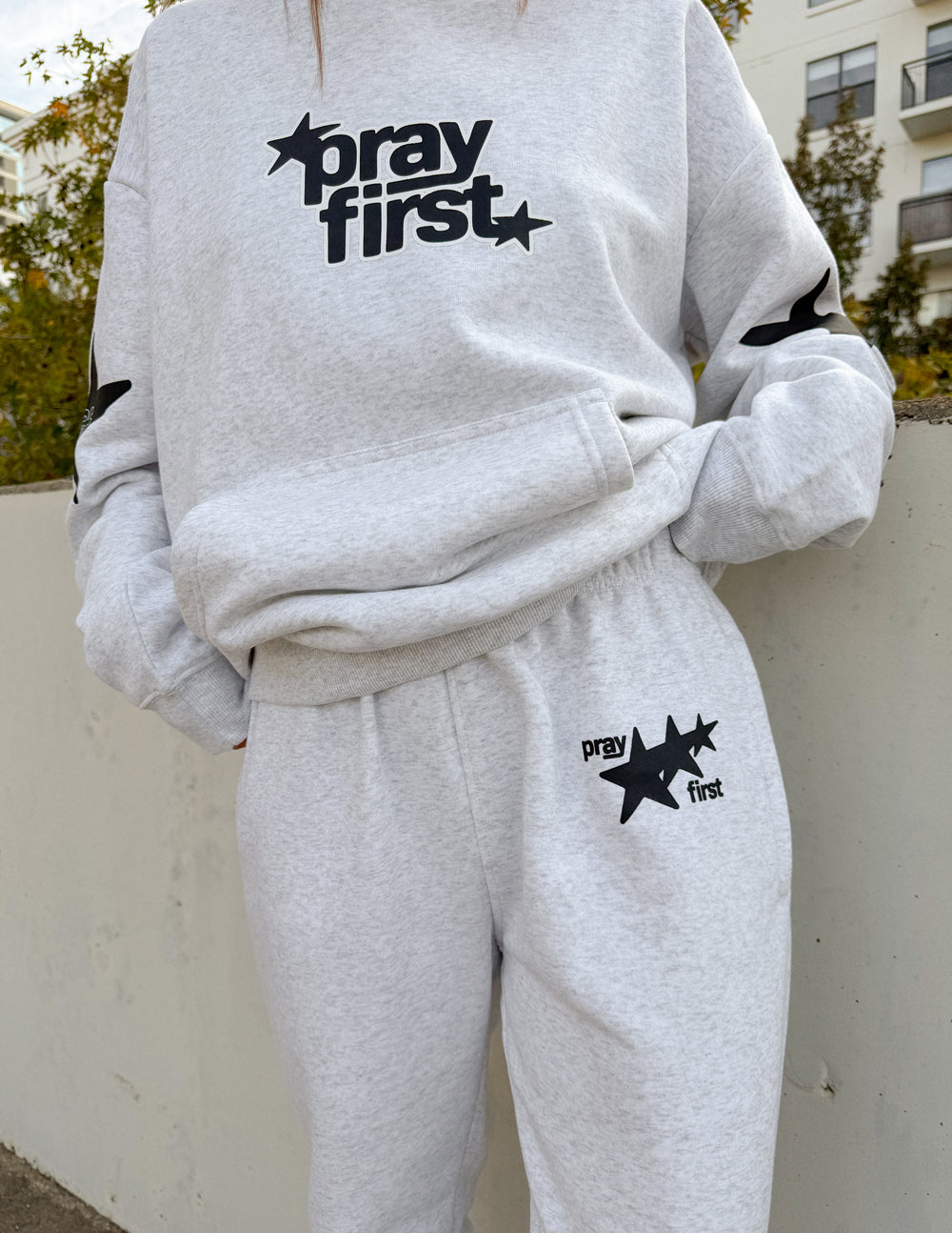 Close up of Pray First Unisex Sweatpants with Philippians 4:6-7 scripture design