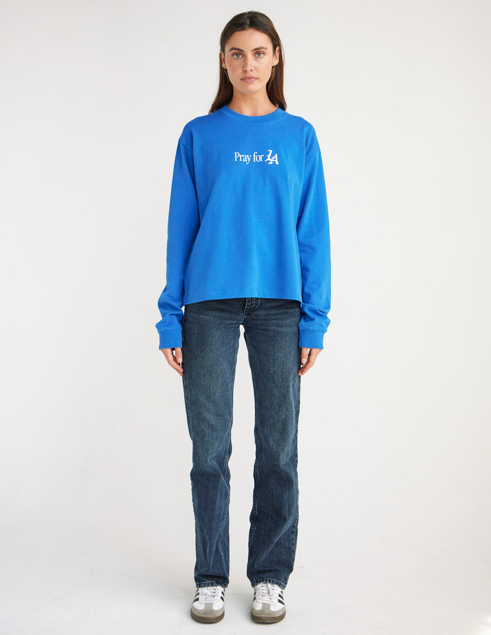 Blue and white Pray for Los Angeles long sleeve heavyweight cotton tee
