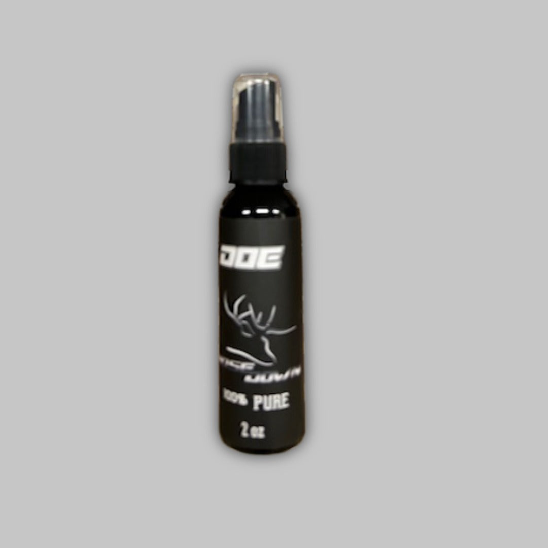2oz bottle of premium pure doe urine with deer antler graphic label in black packaging